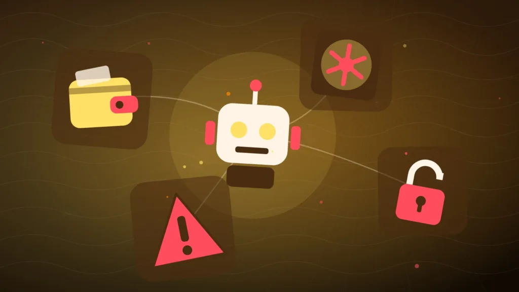 Abstract robot holding a wallet beside a locked vault and a warning sign