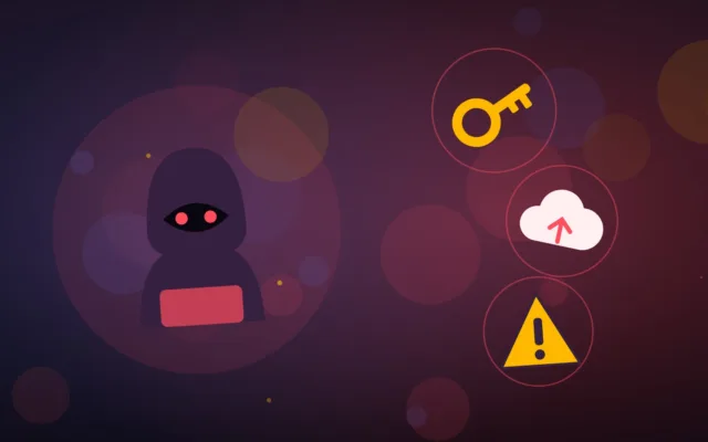Abstract hooded hacker figure reaching for a glowing key above a cloud