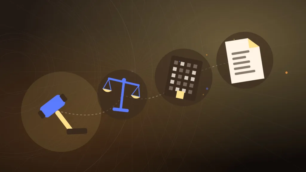 Abstract gavel and scales of justice beside an office tower and a document