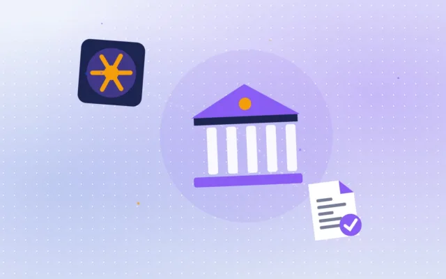 Bâtiment de banque stylisé avec un document signé et une porte de coffre-fort