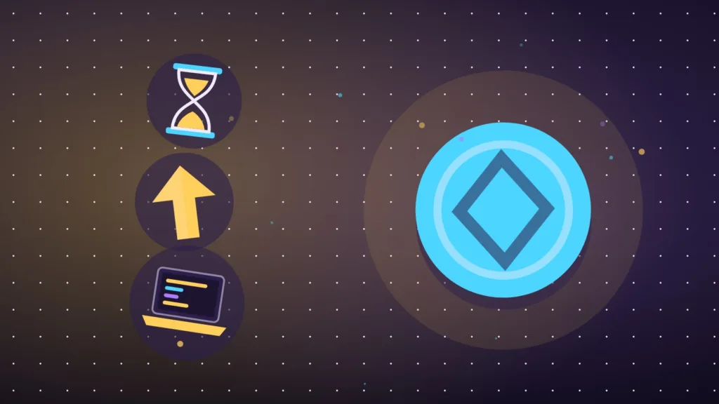 Abstract coin beside an hourglass, a rising arrow and an open laptop screen