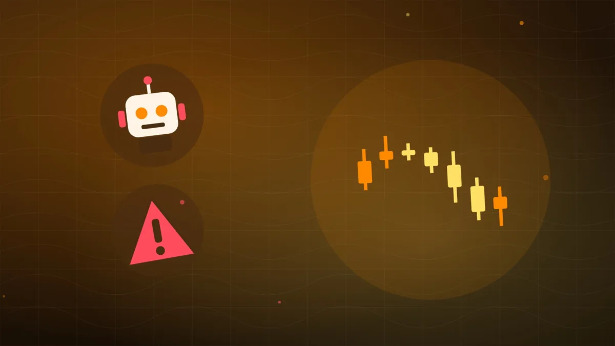 Abstract candlestick chart with a small robot and a warning sign beside it