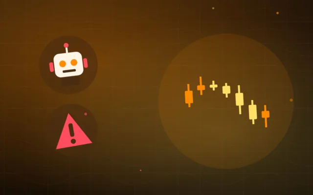 Abstract candlestick chart with a small robot and a warning sign beside it