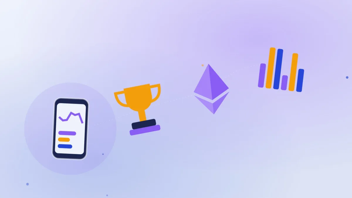 Smartphone stylisé à côté d’un trophée, d’un diamant à facettes et d’un histogramme