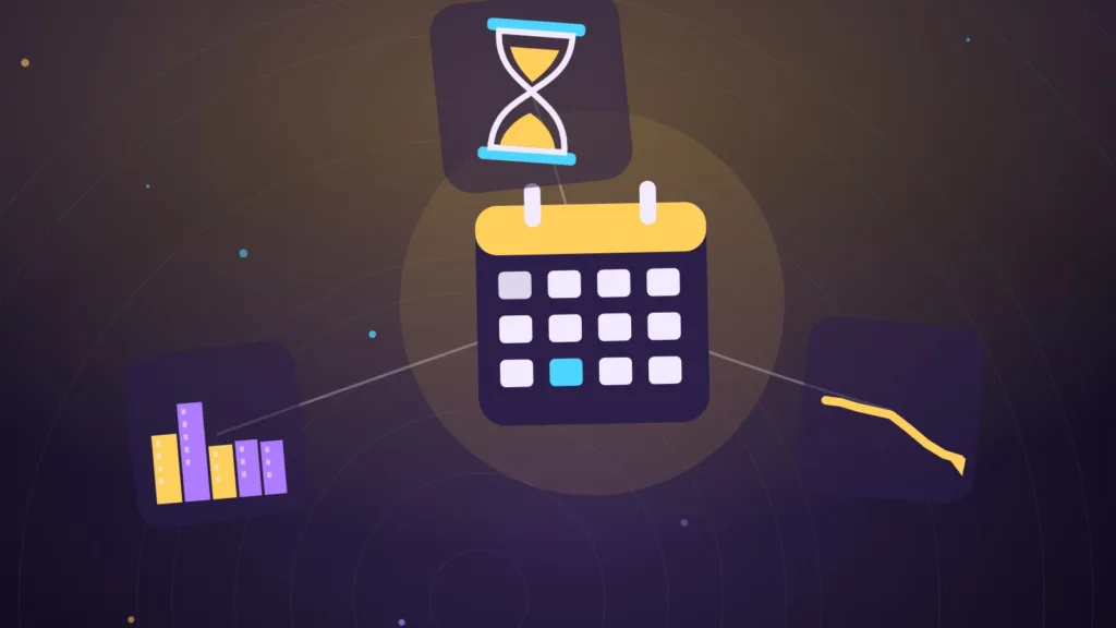 Abstract calendar and hourglass in front of a falling line and a city skyline