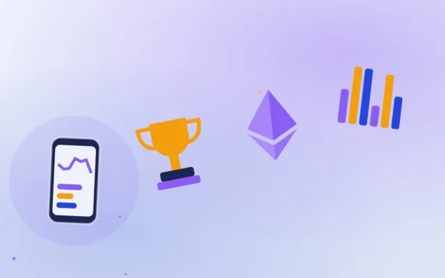 Abstract smartphone beside a trophy, a faceted diamond and a bar chart