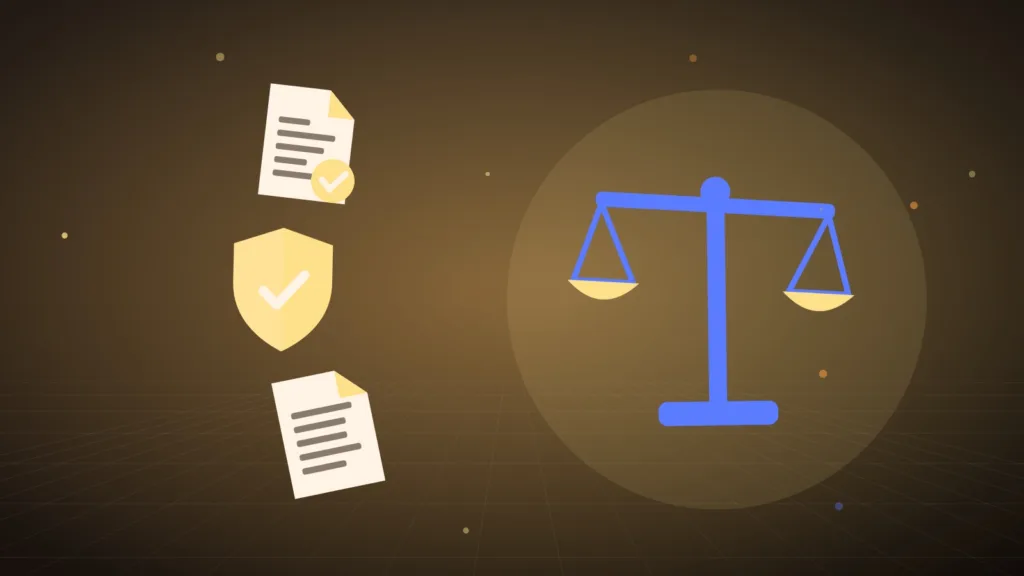 Abstract scales of justice beside a signed contract, a shield and a document