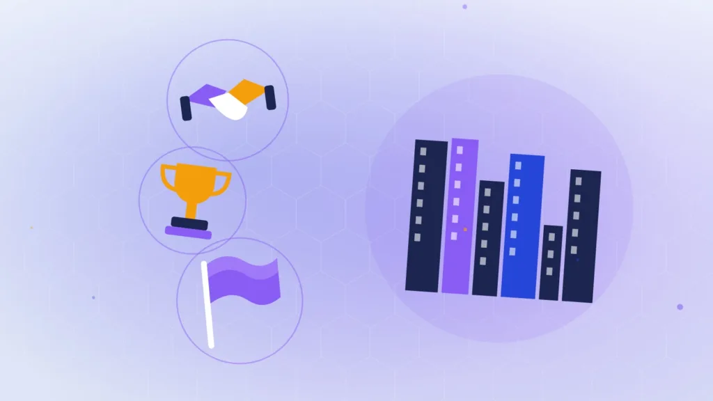 Abstract city skyline with a handshake, a trophy and a plain flag