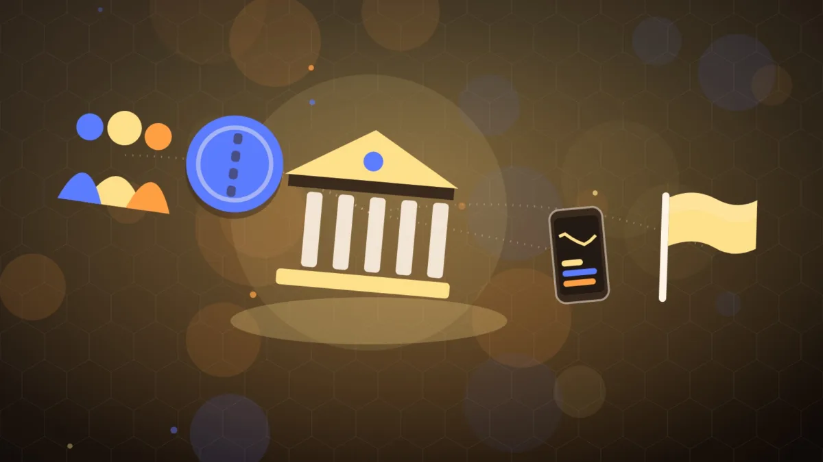Abstract bank building with a coin, a smartphone, a crowd and a flag