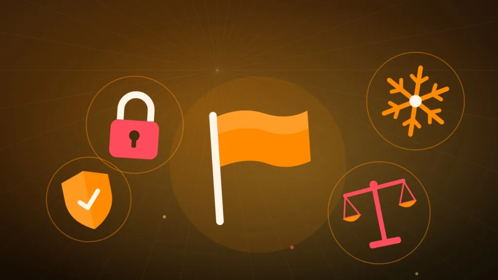 Abstract flag behind a shield, balanced scales, a padlock and a snowflake