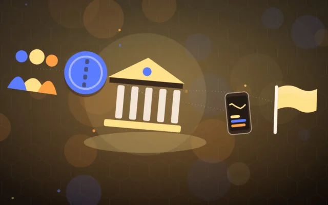Abstract bank building with a coin, a smartphone, a crowd and a flag
