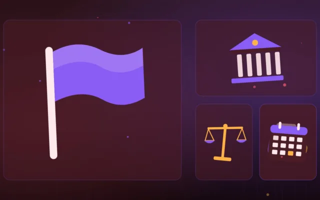 Illustration d'un drapeau, d'une banque, d'une balance, d'un portefeuille et d'un calendrier