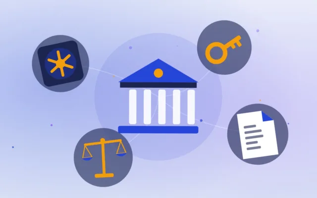 Illustration d'une banque, d'une porte de coffre-fort, d'une clé, d'un document et d'une balance de justice