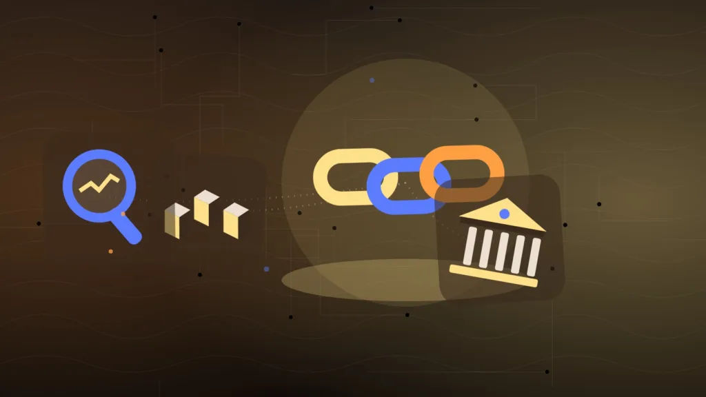 Abstract chain links and stacked blocks beside a bank building under a magnifying glass