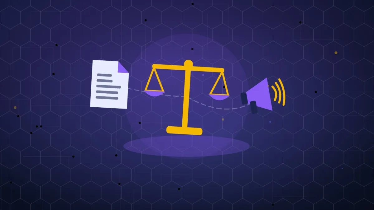 Abstract scales of justice beside a document and a megaphone on a plain background
