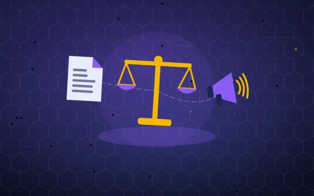 Abstract scales of justice beside a document and a megaphone on a plain background