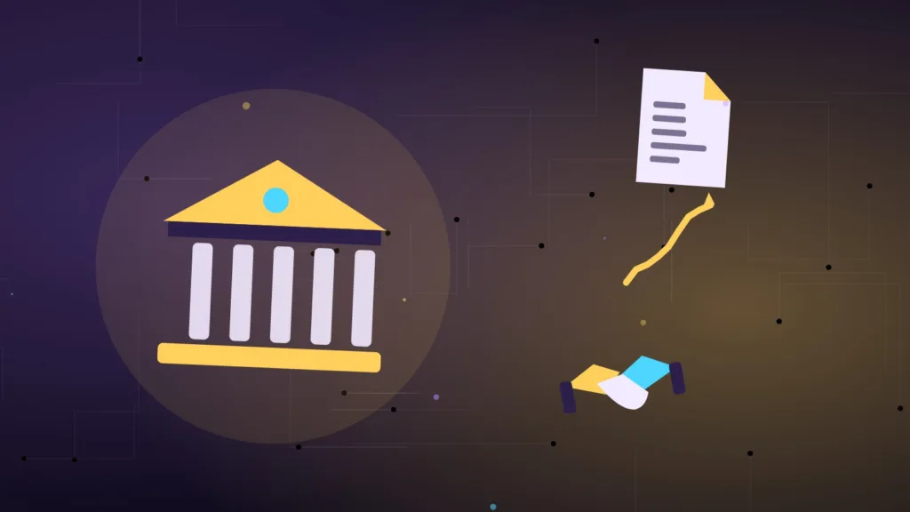 Abstract bank building beside a document, a rising line and a handshake