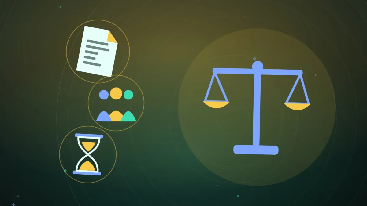Abstract scales of justice beside documents, a group of people and an hourglass