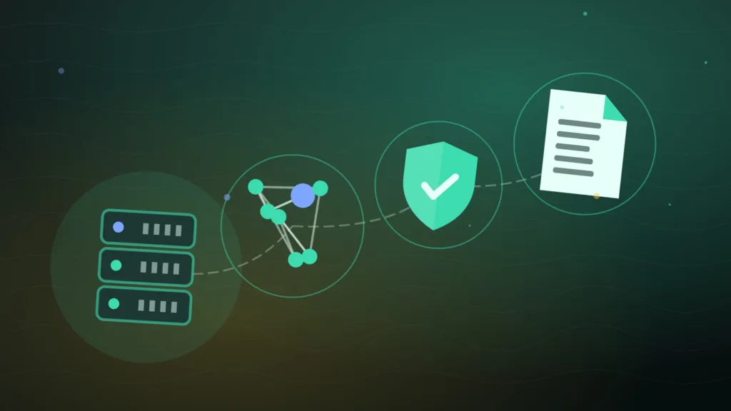 A server rack linked to network nodes beside a shield and a document