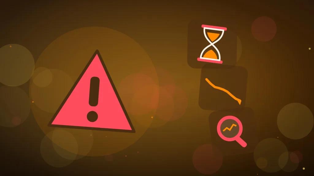 A warning sign and an hourglass next to a falling chart and magnifying glass