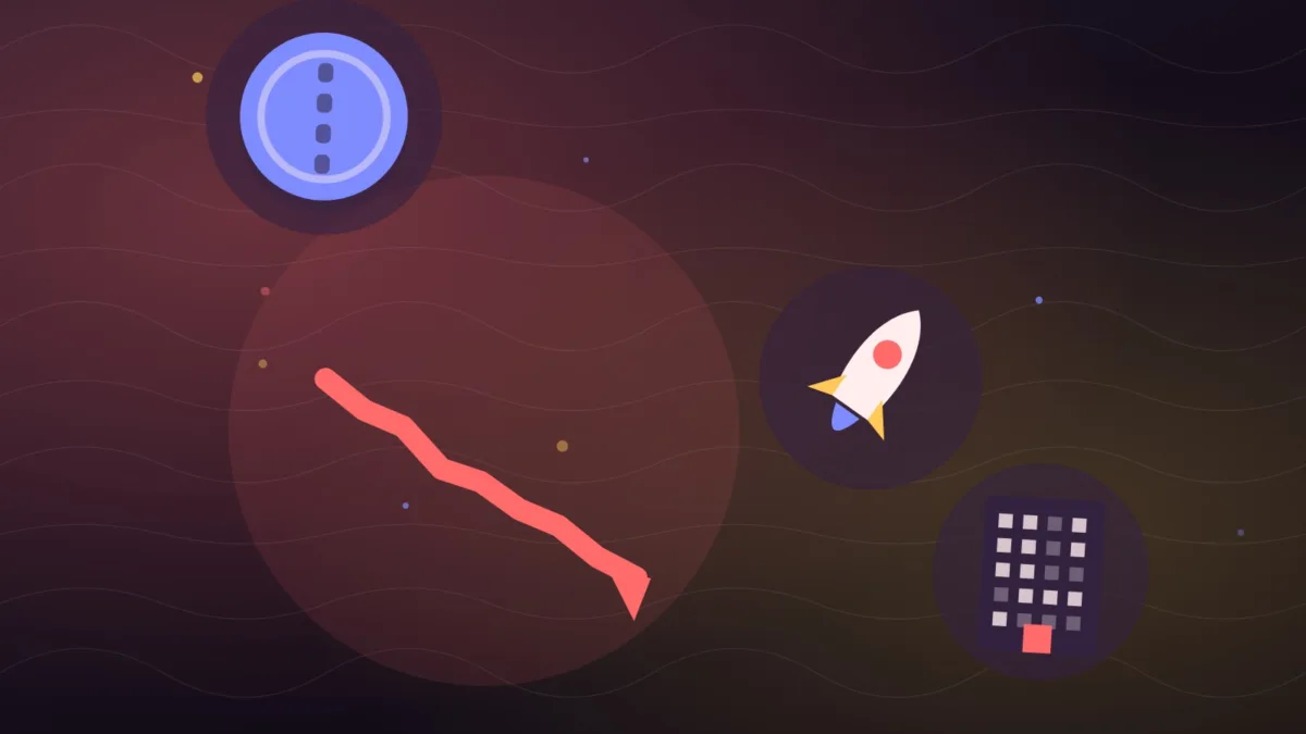 Abstract falling line beside a rocket, a coin and an office tower