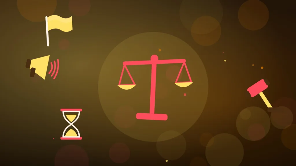 Abstract scales and a gavel beside an hourglass, a megaphone and a plain flag