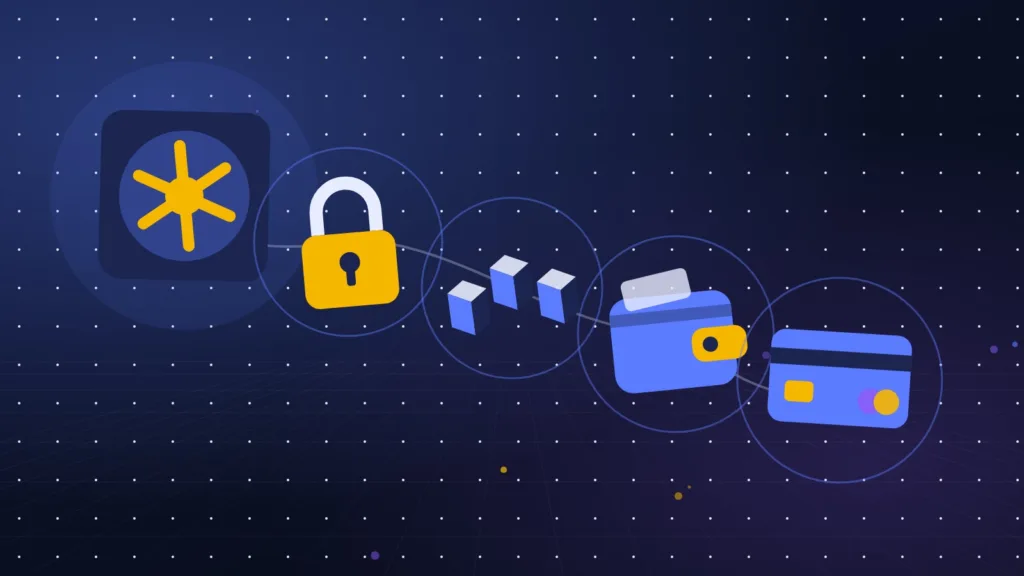 Abstract vault door with a padlock, stacked blocks, a wallet and a payment card