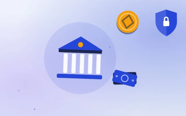 Abstract bank building with banknotes, a protective shield and a single coin