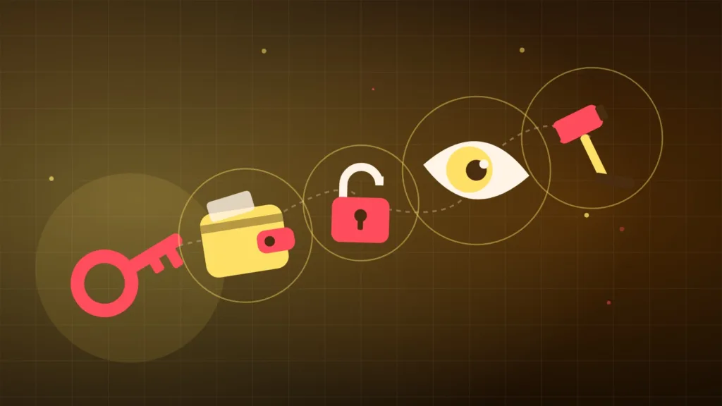 Abstract key and wallet beside a padlock, a watching eye and a gavel