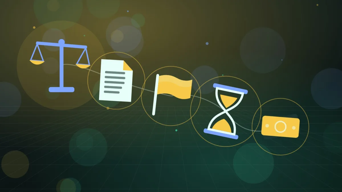 Abstract balanced scales above a document, a plain flag, an hourglass and banknotes