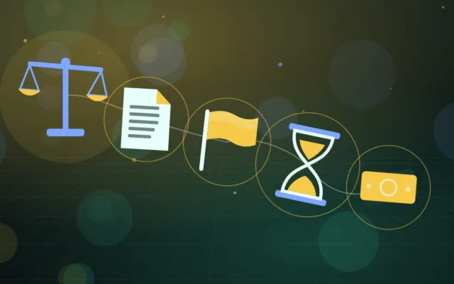 Abstract balanced scales above a document, a plain flag, an hourglass and banknotes