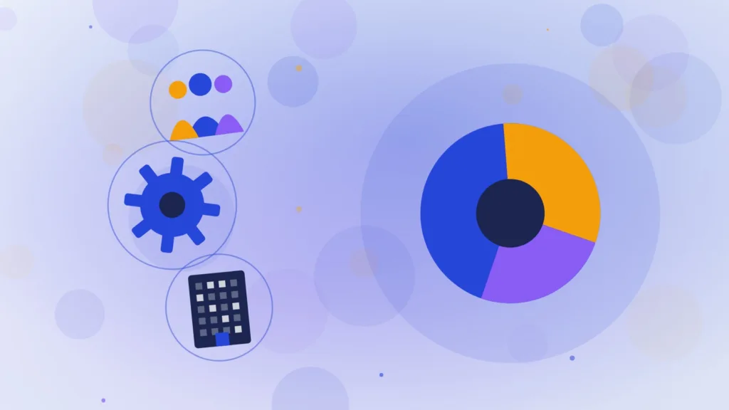 Pie chart slices beside a group of people, a gear and an office tower