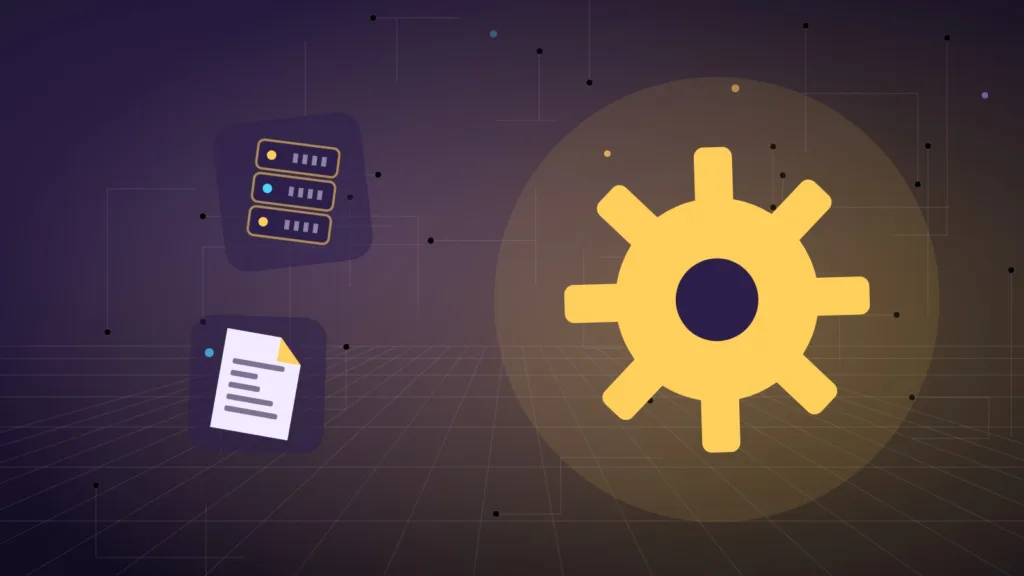 Large yellow gear beside a server rack and a sheet of paper
