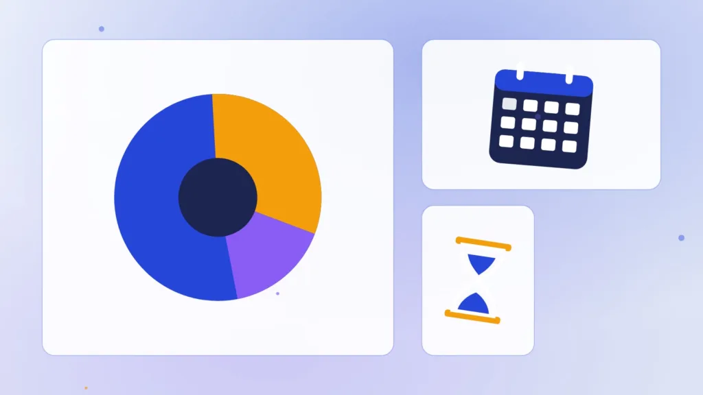 Pie chart split into slices next to a wall calendar and an hourglass