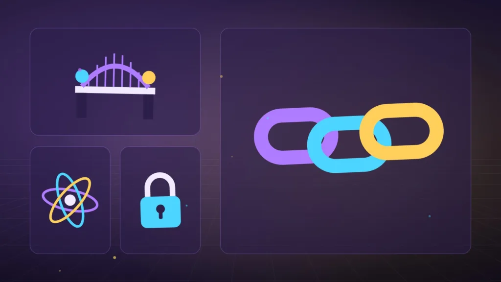 Illustration of linked chains and a bridge with an atom and a padlock