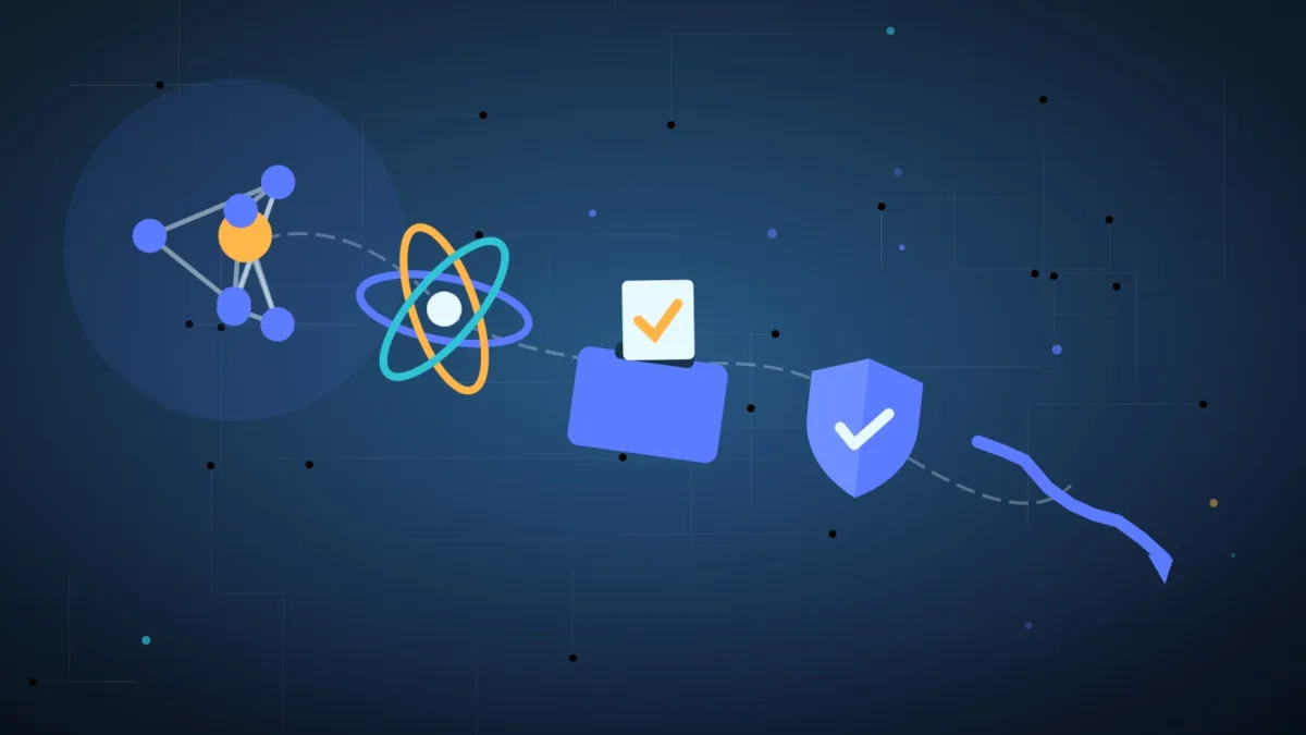 Illustration of a network of nodes, an atom, a ballot box, a shield and a falling line