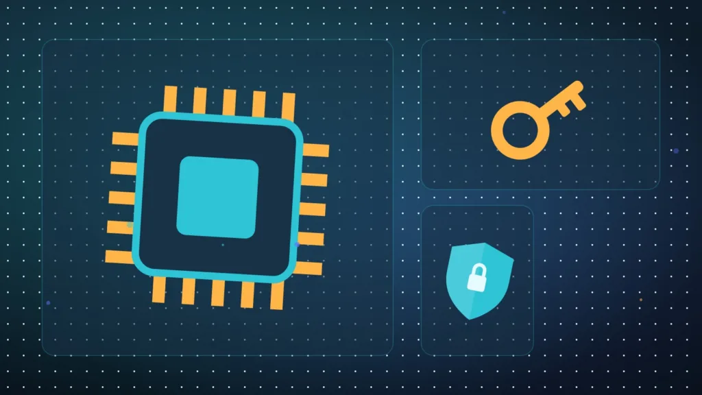 A computer chip, a key and a shield on a plain background