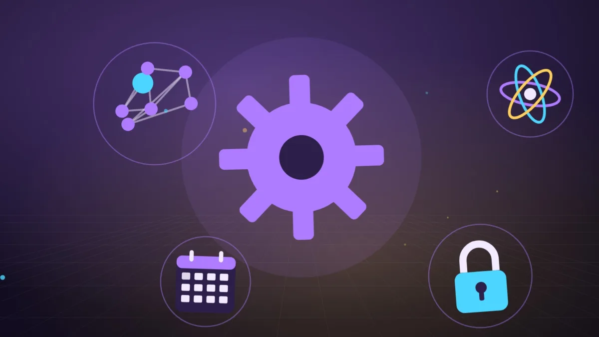 A gear, connected nodes, a padlock, an atom and a calendar page
