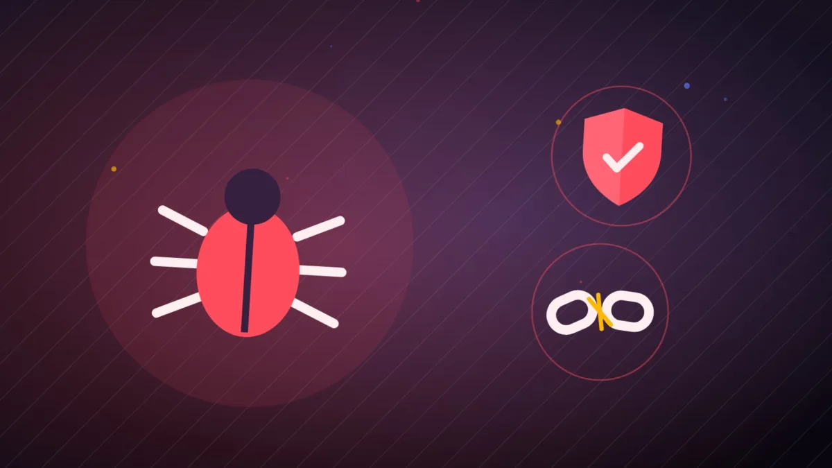 Abstract software bug beside a shield and a broken chain on a dark background