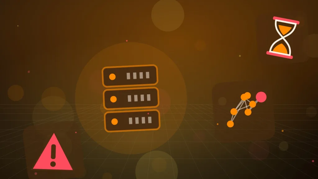 Abstract server rack linked to network nodes, with a warning sign and hourglass