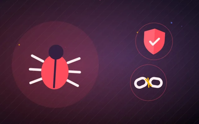 Abstract software bug beside a shield and a broken chain on a dark background