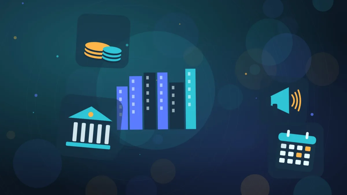 City skyline with coin stacks, a megaphone, a bank and a calendar