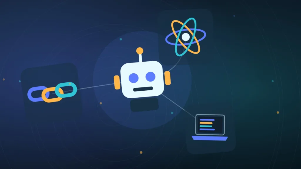 Robot beside a laptop, chain links and an atom, illustrating AI agents and ledger research