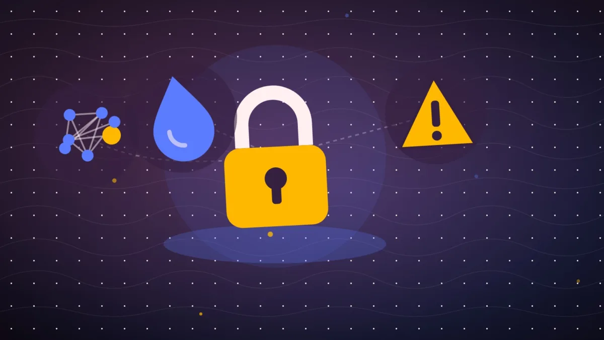 Abstract padlock over a drop of liquid with a warning sign and connected nodes
