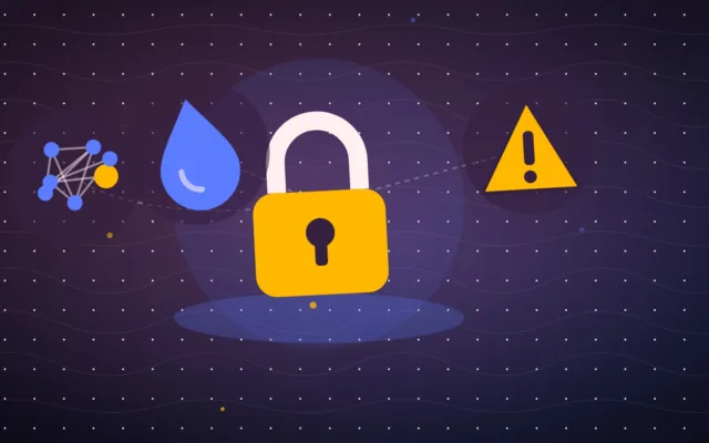 Abstract padlock over a drop of liquid with a warning sign and connected nodes