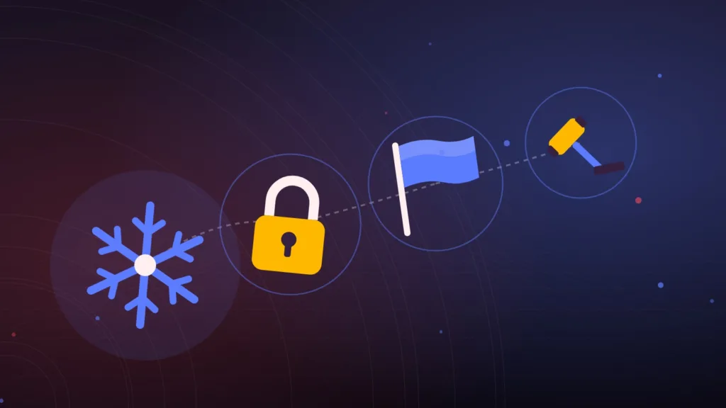 A snowflake and a padlock beside a flag and a judge's gavel