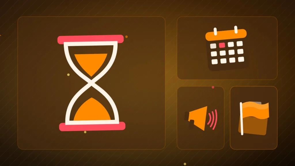 Abstract hourglass and calendar beside a ballot box, a megaphone and a flag