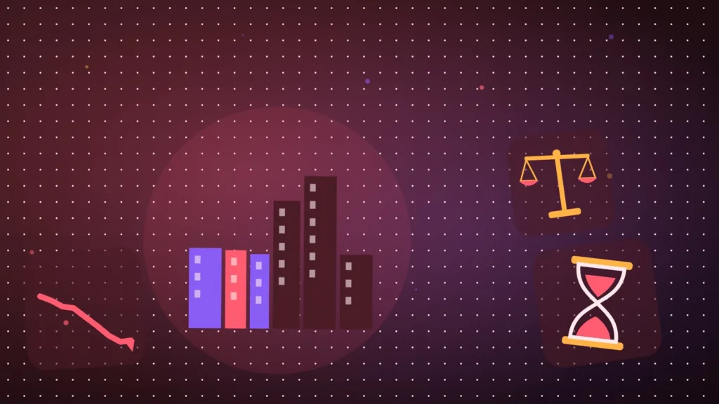 Abstract city skyline with balanced scales, an hourglass and a falling line