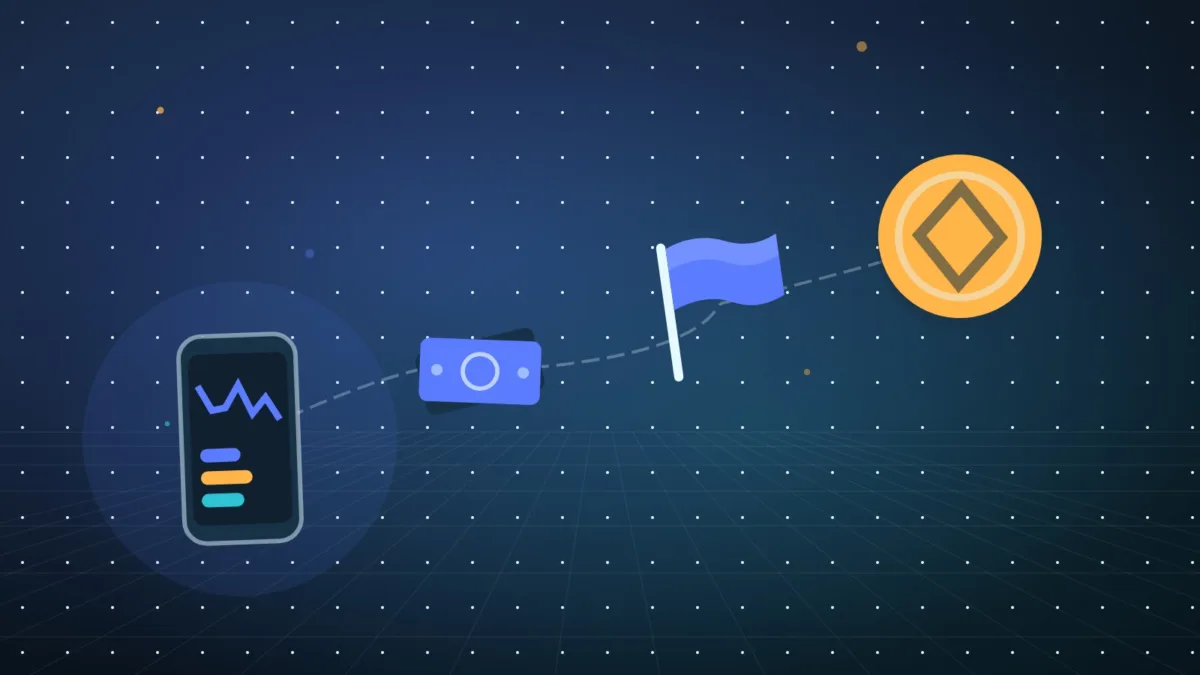 Abstract smartphone beside banknotes, a plain flag and a single coin