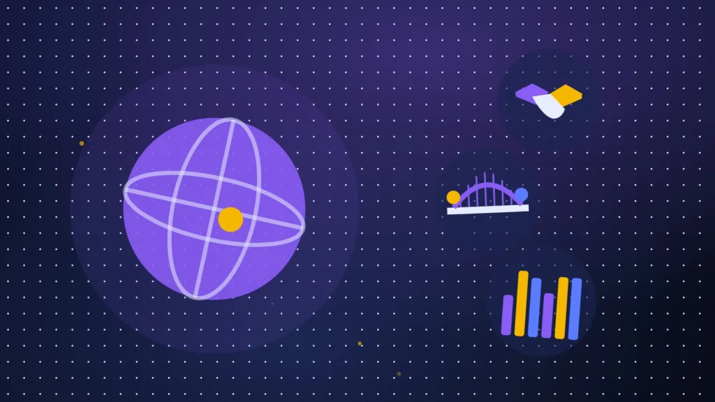 Abstract globe with a handshake, a bridge and a small bar chart